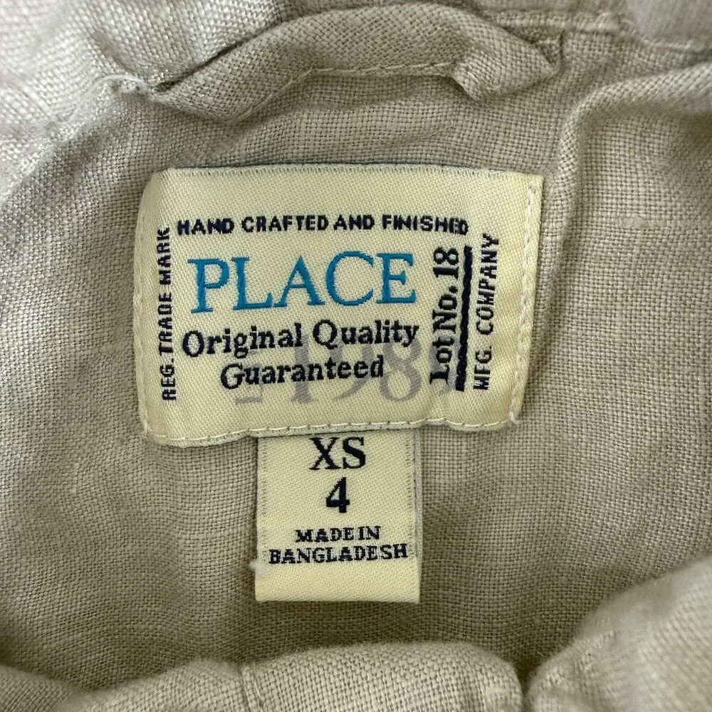 The Children's Place Boys 100% Linen Button Front Shirt Beige Tan L/S Size 4 XS